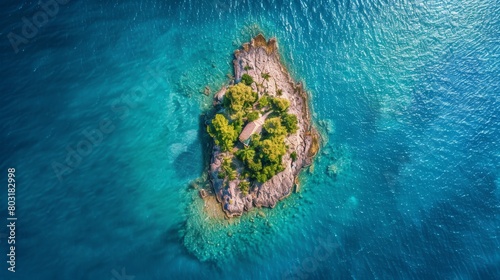 A drone shot of a small, picturesque island surrounded by a shimmering blue sea
