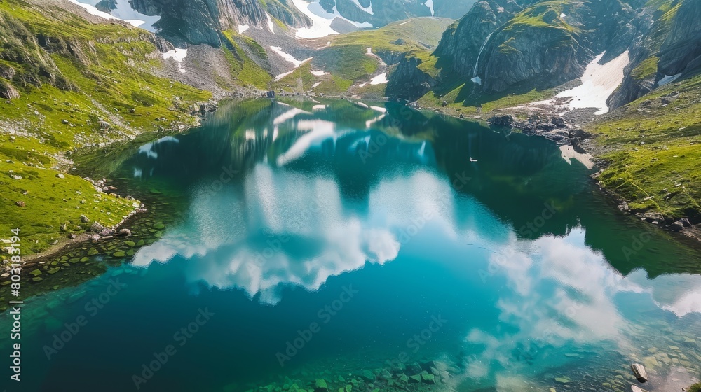 An aerial image of a crystal-clear lake reflecting the sky, surrounded by snow-capped mountains