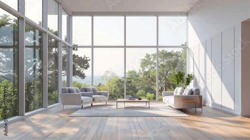 Corner view on bright living room interior with panoramic window, armchairs, sofa, coffee table, cupboard and wooden hardwood floor. Concept of minimalist design. Space for creative idea. 3d rendering © Farda