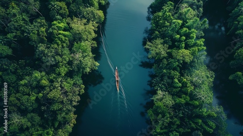 An aerial capture of a solitary boat sailing through a narrow river in a serene forest