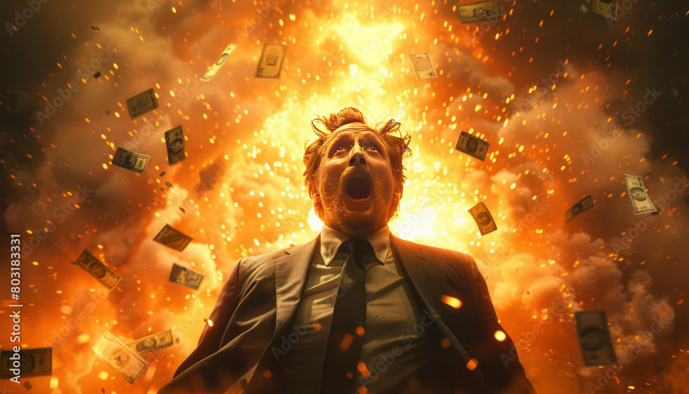 Businessman in suit,he is screaming with a surge of energy. Credit cards and 20 US bills swirl around him.generative ai Businessman in suit,he is screaming with a surge of energy. Credit cards and 20 US bills swirl around him.generative ai