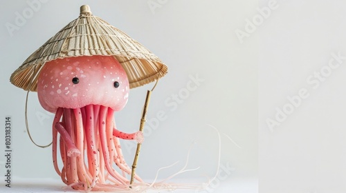 cute jellyfish, holds a wooden stick in one hand and wears a traditional hat made of bamboo, jelly, photo, white background photo