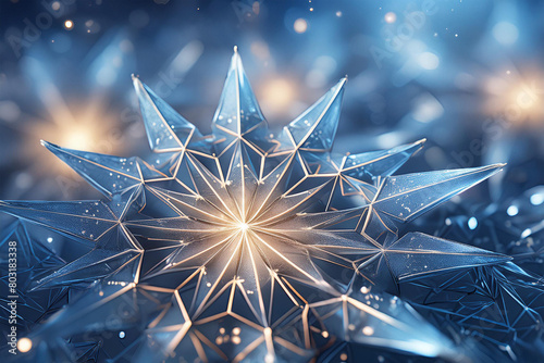 Nahaufnahme Vorlage winterlicher Weihnachten Stern in blau im Zentrum leuchtend, magisch weihnachtliches Licht himmlisch schön zum Winter Festtage Feiertage funkelnde Dekoration Design kalt Kristall