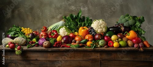 Fresh fruits and vegetables arranged in a healthful display on a wooden surface, photographed in a studio with high quality.