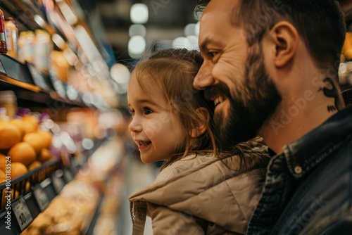 caring father and curious daughter shopping for groceries together in supermarket aisle family bonding activity lifestyle candid photography 1