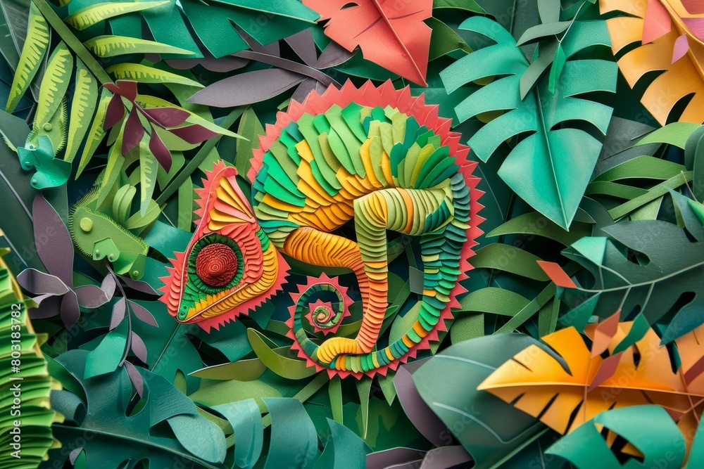 chameleon camouflage vibrant paper craft artwork with intricate foliage details 3d illustration