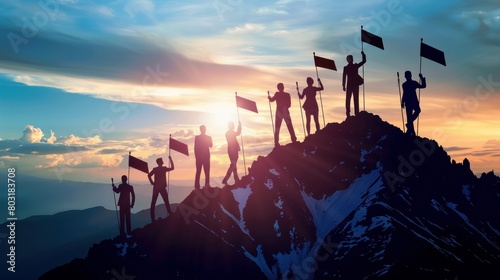 Goal setting towards planning for the future. Silhouettes of group businessmen holding target boards with flags planted on a mountain. Concept of a clear planning process and teamwork.