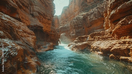 waterfall view in the canyon. wonderful rock forms created by erosion. View of the river in the canyon. waterfall landscape in nature. beautiful landscape in the red valley. landscape photography