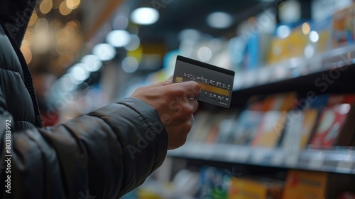 Male shopper holds a credit card in his hand  representing a growing lifestyle of cashless transactions and mobile payments. Banking with a credit card has become easy  with the of tap-to-pay method.