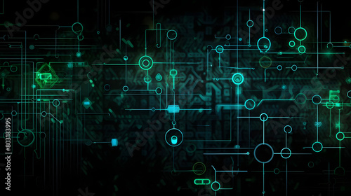 Quantum Encryption Network with Green and Blue Encryption Keys on Black Background