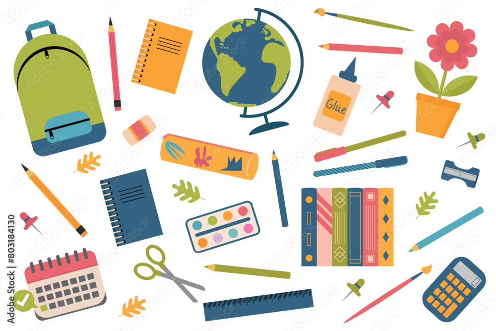 Set of school supplies. School stationery and supplies. Vector illustration. Set of school supplies. School stationery and supplies. Vector illustration.
