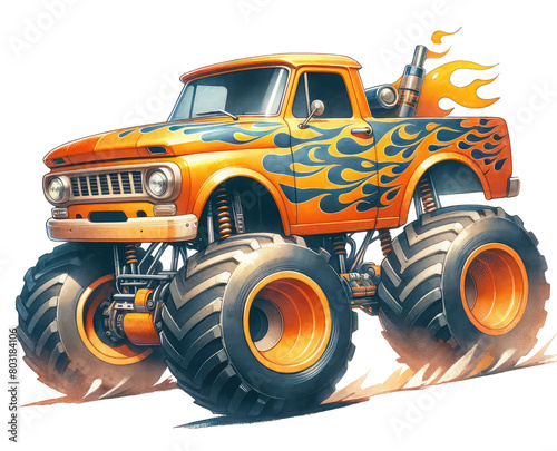 Big yellow monster truck with flames painted on the body and big wheels.