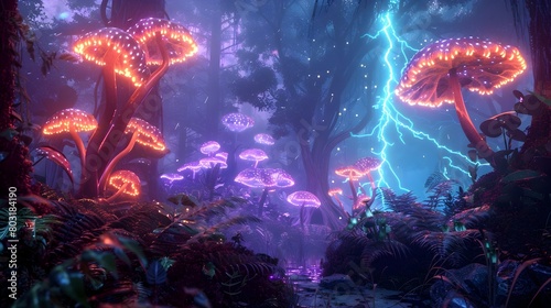 Bioluminescent Enchanted Forest with Surreal Atmospheric Lightning