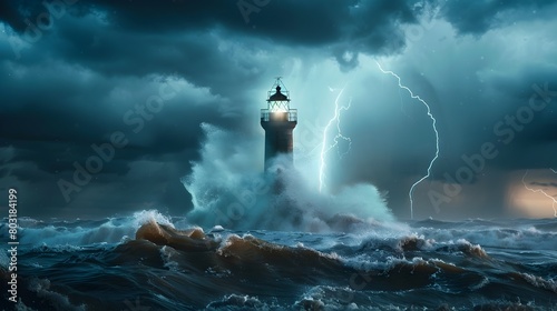 Lighthouse Enduring Dramatic Stormy Seascape with Powerful Waves and Fierce Lightning
