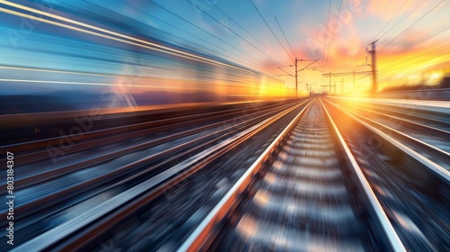 Railroad in motion at sunset. Railway station with motion blur effect against colorful blue sky, Industrial concept background. Railroad travel, railway tourism. Blurred railway. Transportation