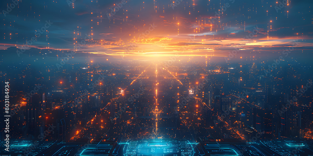 Fototapeta premium Illuminated Cityscape Unfolds Amidst a Teal Blue Haze, Guiding the Way Forward