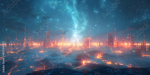 Illuminated Cityscape Unfolds Amidst a Teal Blue Haze, A Gateway to Tomorrow's Possibilities