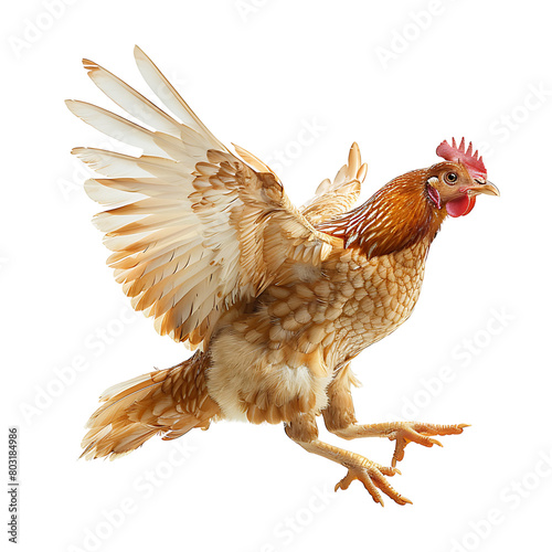 Chicken flying open wings on isolated transparent background
