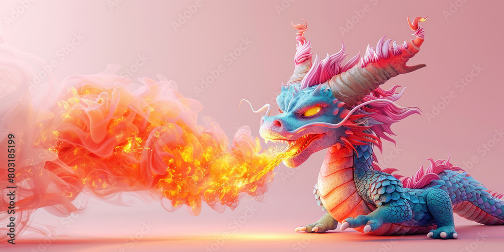 3D ing of a fierce dragon breathing fire against a vibrant pink background 3D ing of a fierce dragon breathing fire against a vibrant pink background