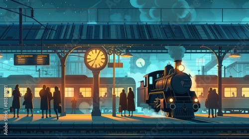 A train is pulling into a station at night