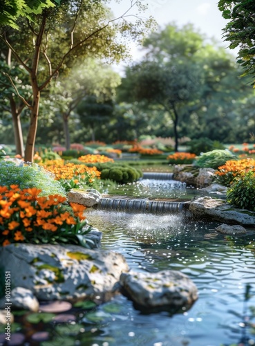 Waterfall in a lush garden with orange flowers and green plants