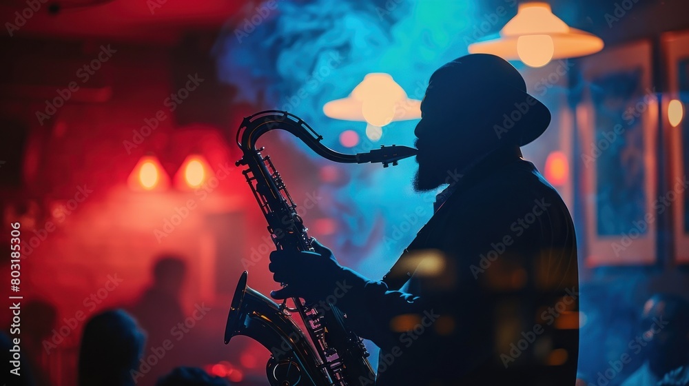 A man playing a saxophone in a dimly lit bar