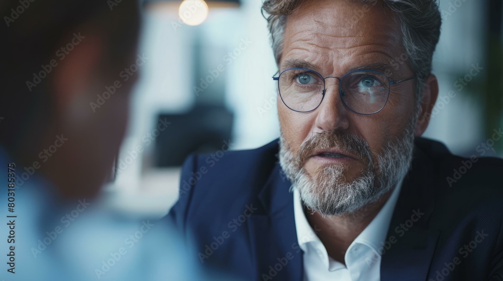 Fototapeta premium Headshot of a man in a suit and glasses looking at another person