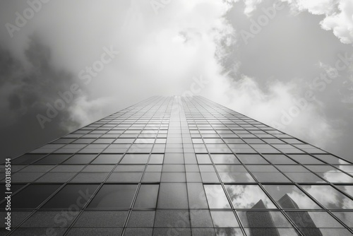 Black and white photo of a skyscraper made of glass and steel with clouds in the background