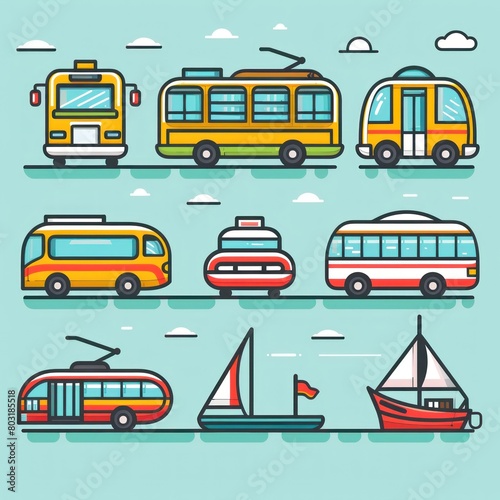 A series of vehicles including buses, cars, and boats