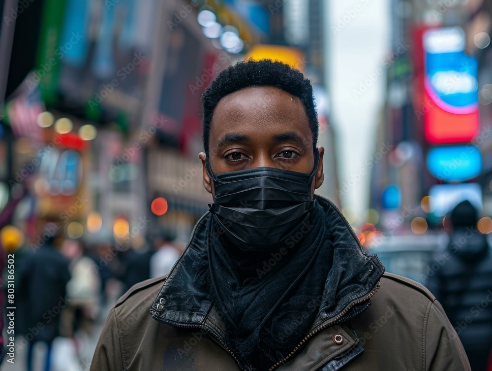 A young African-American man wearing a mask in Times Square A young African-American man wearing a mask in Times Square