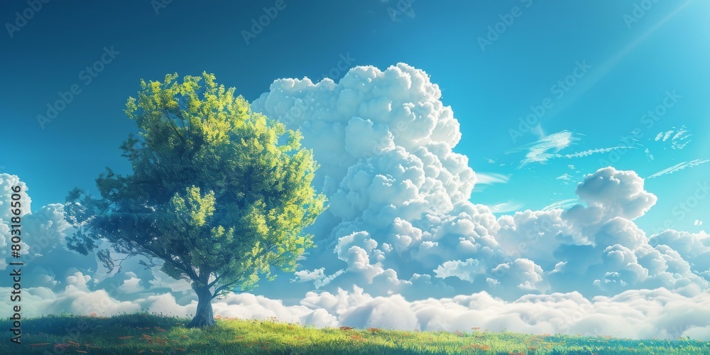 Fototapeta premium Green Tree and White Clouds