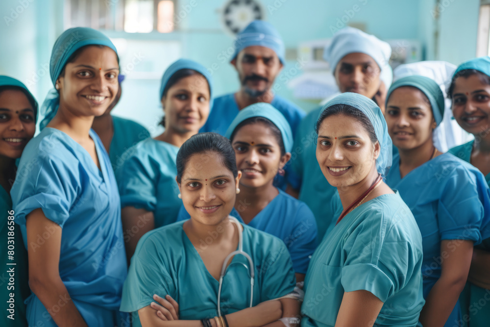 A group of Indian doctors, nurses, and healthcare professionals in medical uniforms, assembled together in a hospital setting.