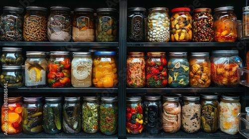 Assortment of preserved foods elegantly presented in a rustic home pantry setting © anwel