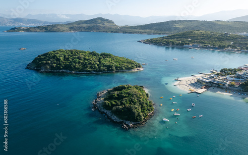 Aerial panorama summer travel destination Ksamil Albania islands photo