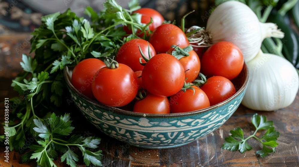 A bowl of fresh tomatoes with parsley and onions A bowl of fresh tomatoes with parsley and onions