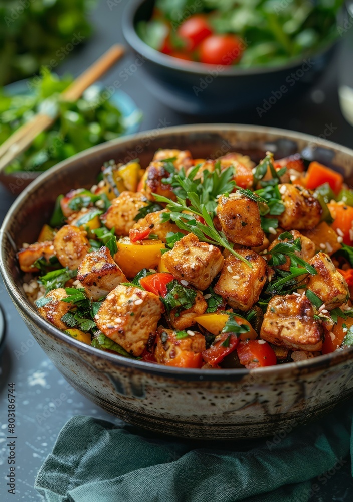 Vegan tofu stir fry with rice and vegetables
