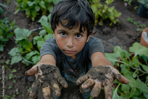 A Latino boy with soil-stained hands after tending to the garden, showing his dedication to caring for the vegetable garden and planting spring vegetables.