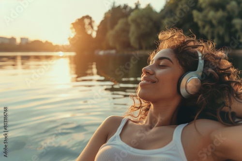 A Latino woman, feeling at ease, listening to music with headphones while lying on a pier beside a peaceful lake in the summertime.