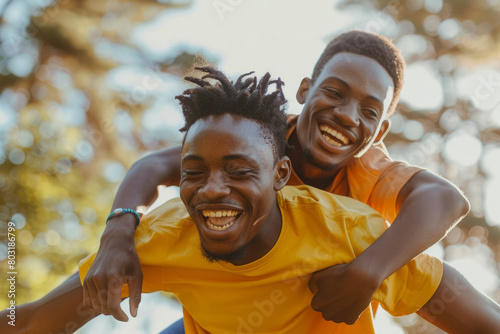 A pair of Black best friends having a blast playing sports outdoors, rejoicing over a goal as one gives the other a piggyback ride. Capturing the essence of male friendship and bromance. photo