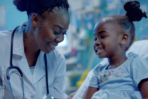 African American female physician attending to a young girl in a hospital ward. Illustrating compassionate healthcare for children. photo