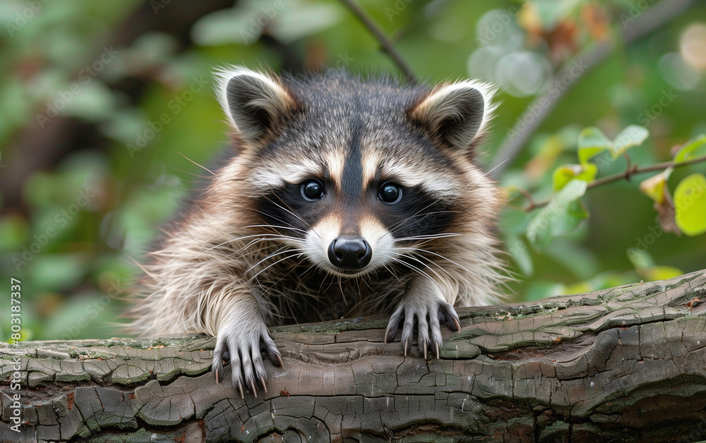 The raccoon amidst forest looks at the camera and on a log island