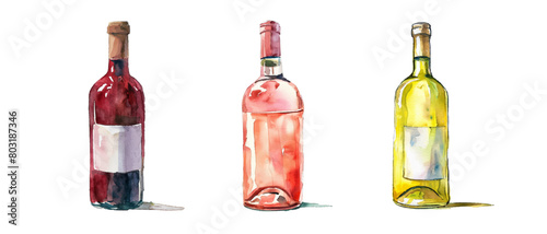 Watercolor vector illustration of red rose and white wine bottle isolated on white background