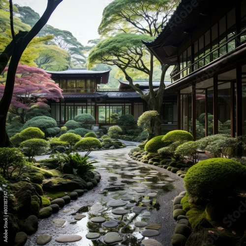 A beautiful Japanese garden with a traditional house