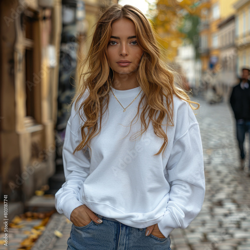 Free Download a female model wearing white plain sweatshirt and blue jeans , walking on the street,generative ai - GFXLoad