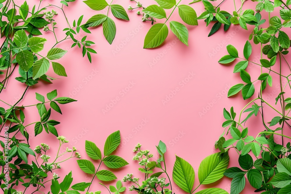 Pink Background With Green Leaves and Flowers