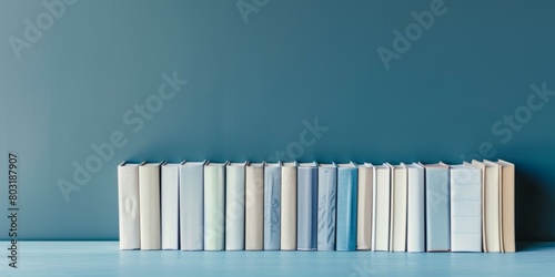 A row of books on a blue wooden table with a blue background