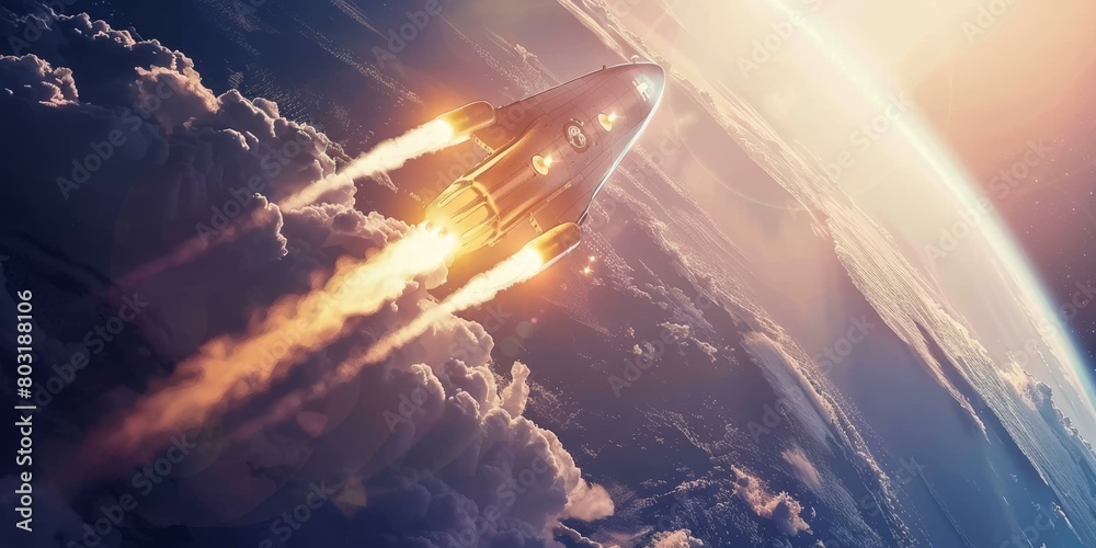 Spaceship flies above the clouds with the Earth in the background Spaceship flies above the clouds with the Earth in the background