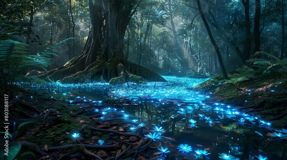 Enchanting forest scene with glowing blue mushrooms and mystic fog