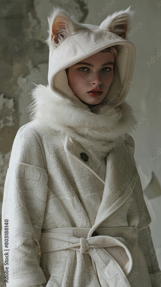 A feline beauty, with its fur as white as snow, dons an overcoat of the softest fabric,generative ai A feline beauty, with its fur as white as snow, dons an overcoat of the softest fabric,generative ai