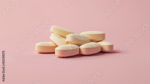 Close-up of pile of light pink and white pills on pink background